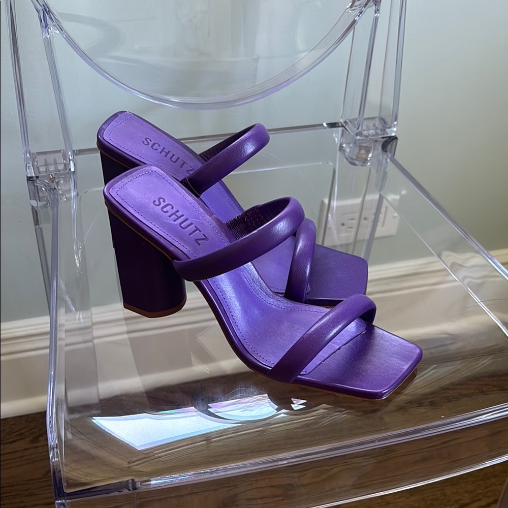SCHUTZ Purple Block Heel Sandals with Strappy Design